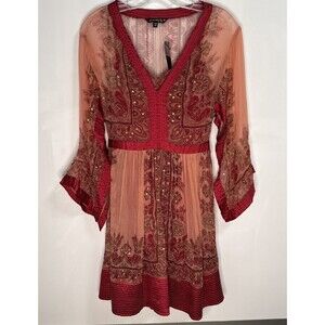 Anthropologie Chaudry XS Mini Dress Red Beaded Open Sleeve Lined Boho Hippie NWT